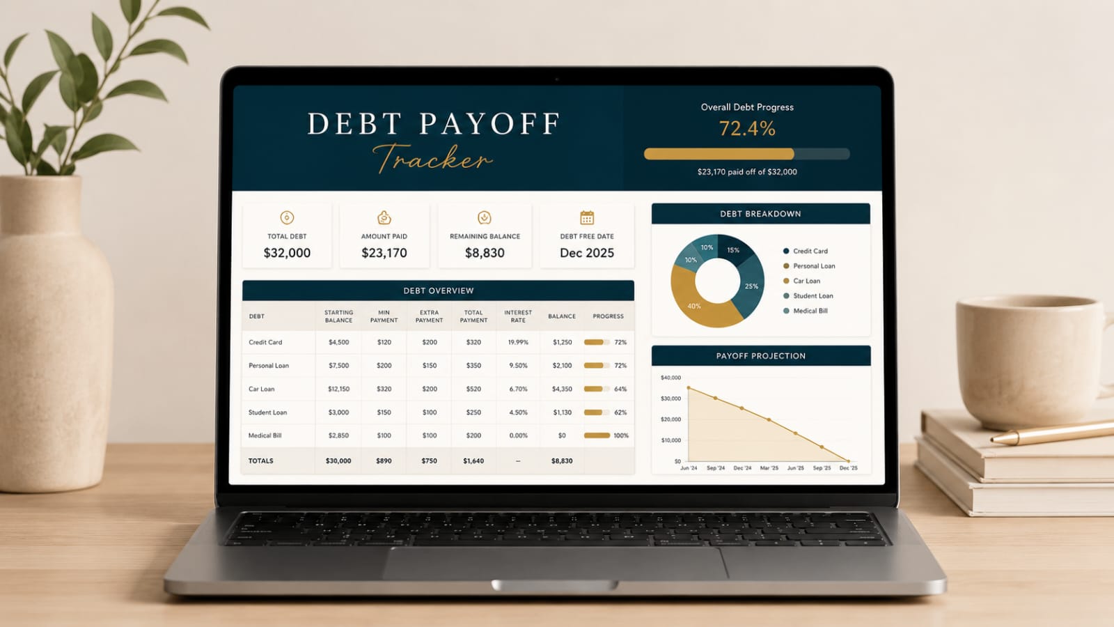 Debt payoff dashboard shown on a laptop screen