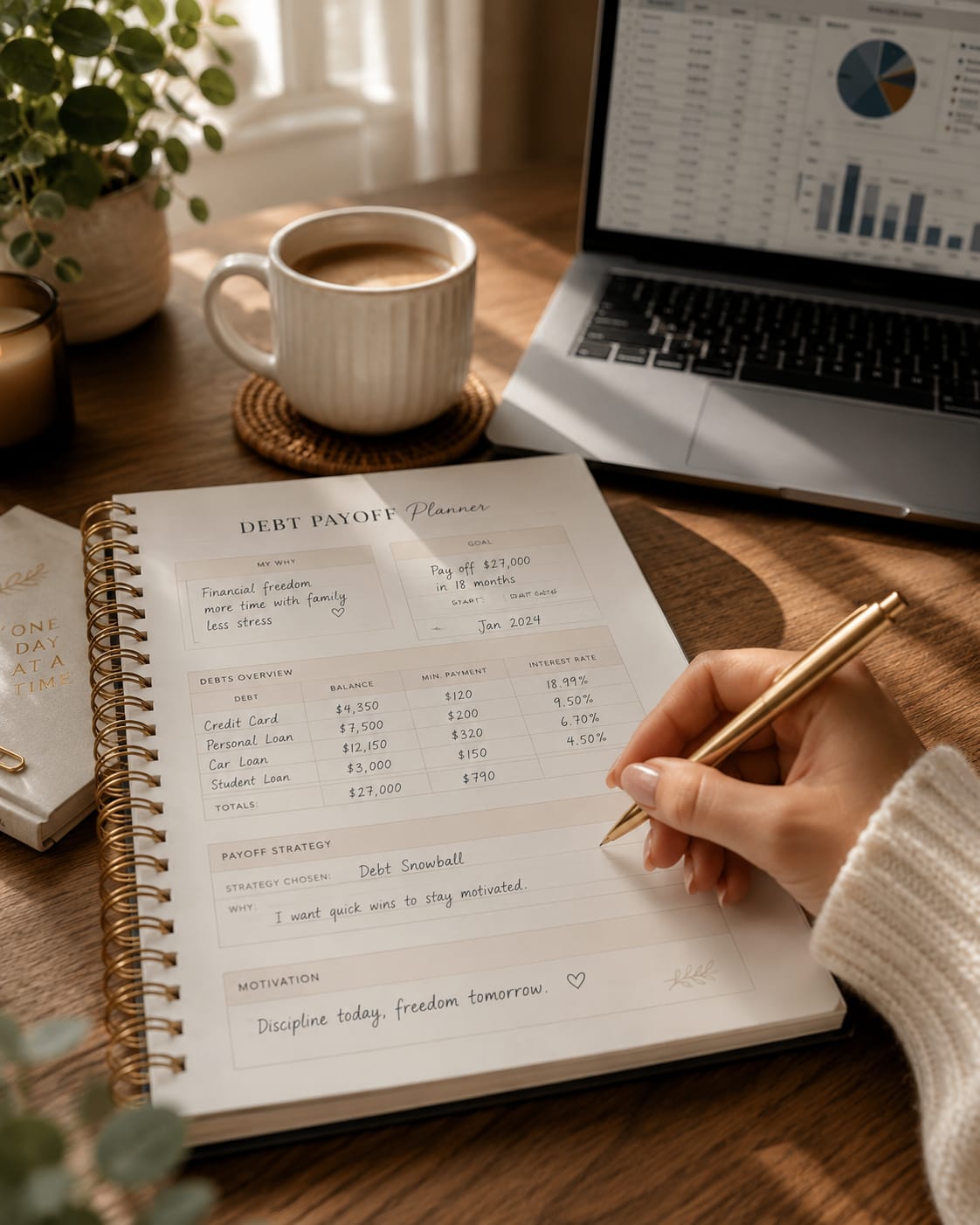 Writing in the debt payoff planner with a morning coffee