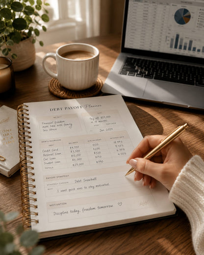 Writing in the debt payoff planner with a morning coffee