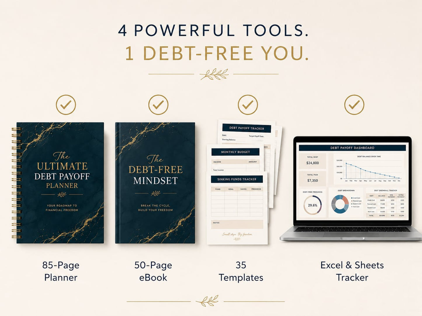 What's included in the Ultimate Debt Payoff Bundle: planner, eBook, templates, and spreadsheet tracker