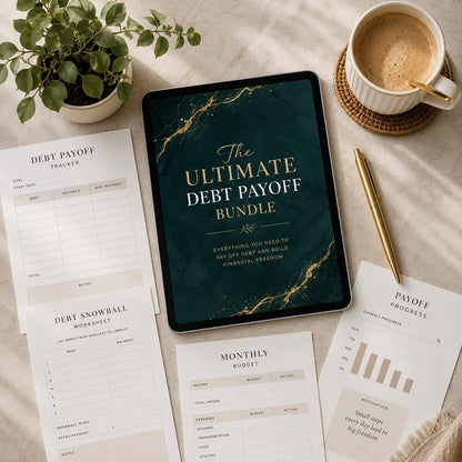Debt payoff planner and eBook flatlay on desk
